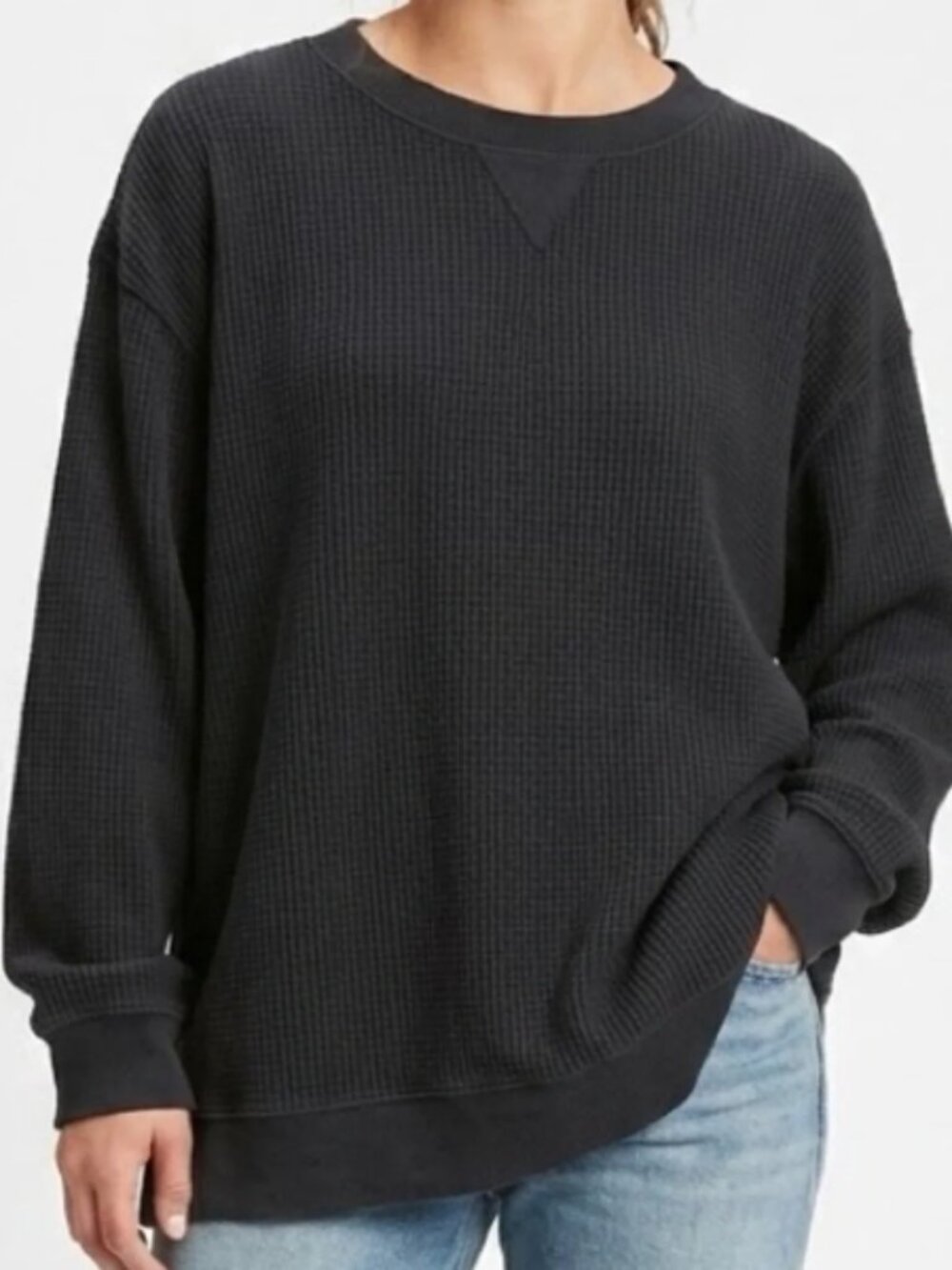 Aerie Oversized Waffle Knit Sweater Sweatshirt Black S